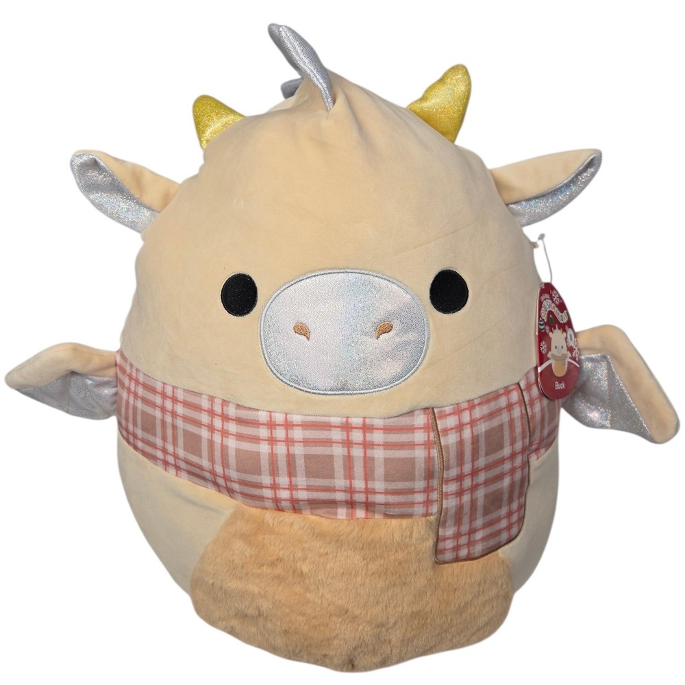 Squishmallows Buck the Dragon 18" Holiday Plush Cream‎ Toy Plaid Scarf Kids NWT